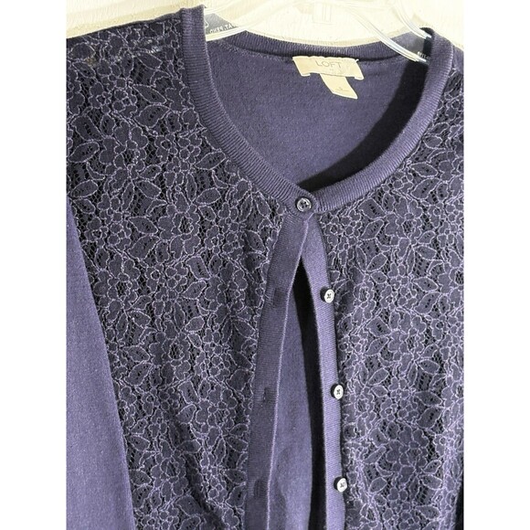 Loft Women’s Small Button Up Floral Lace Front Black 3/4 Sleeve Cardigan - Picture 7 of 8